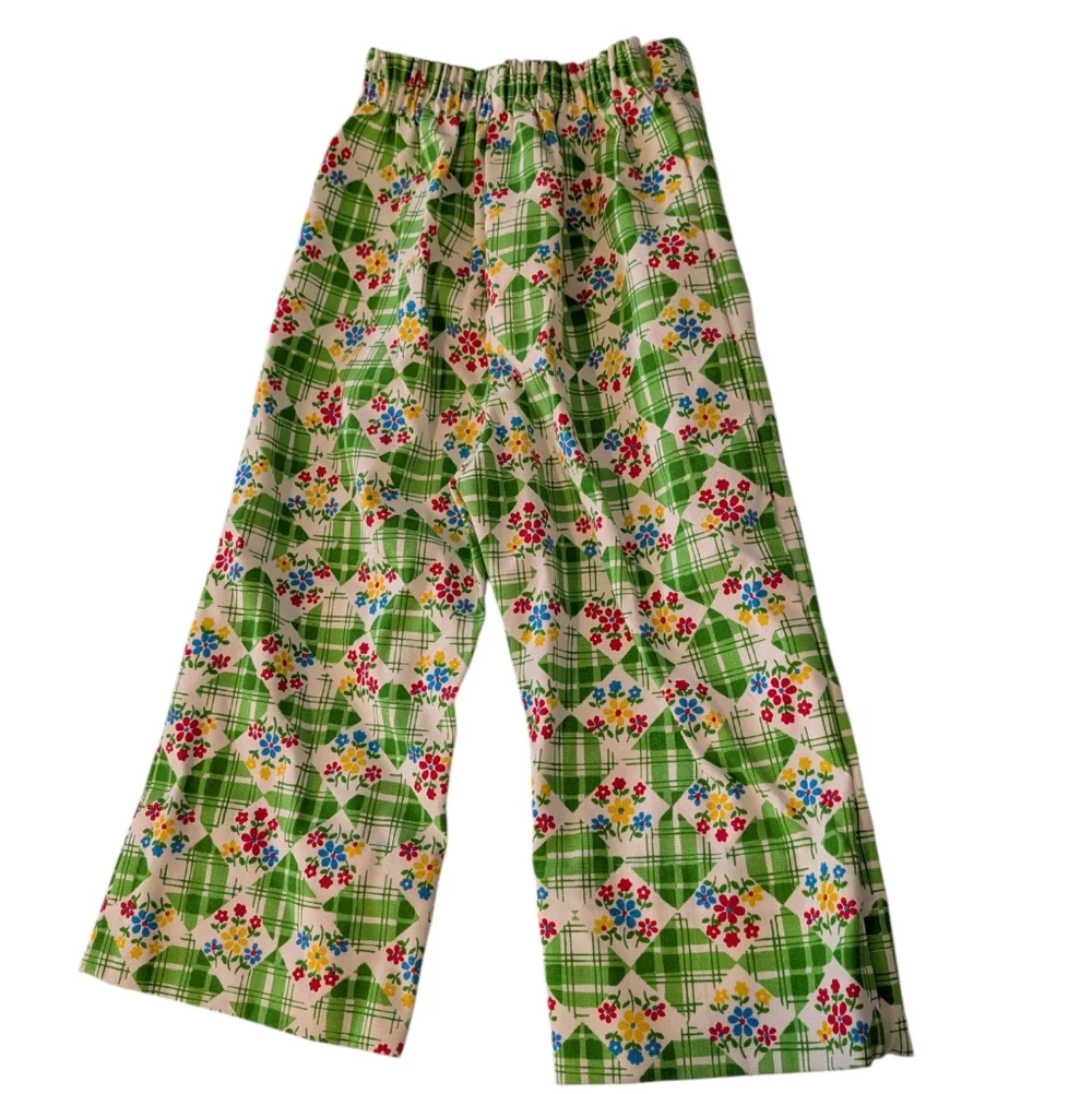 70s Vintage‎ Girls Floral Plaid Print Groovy Flare Pants Multi Color